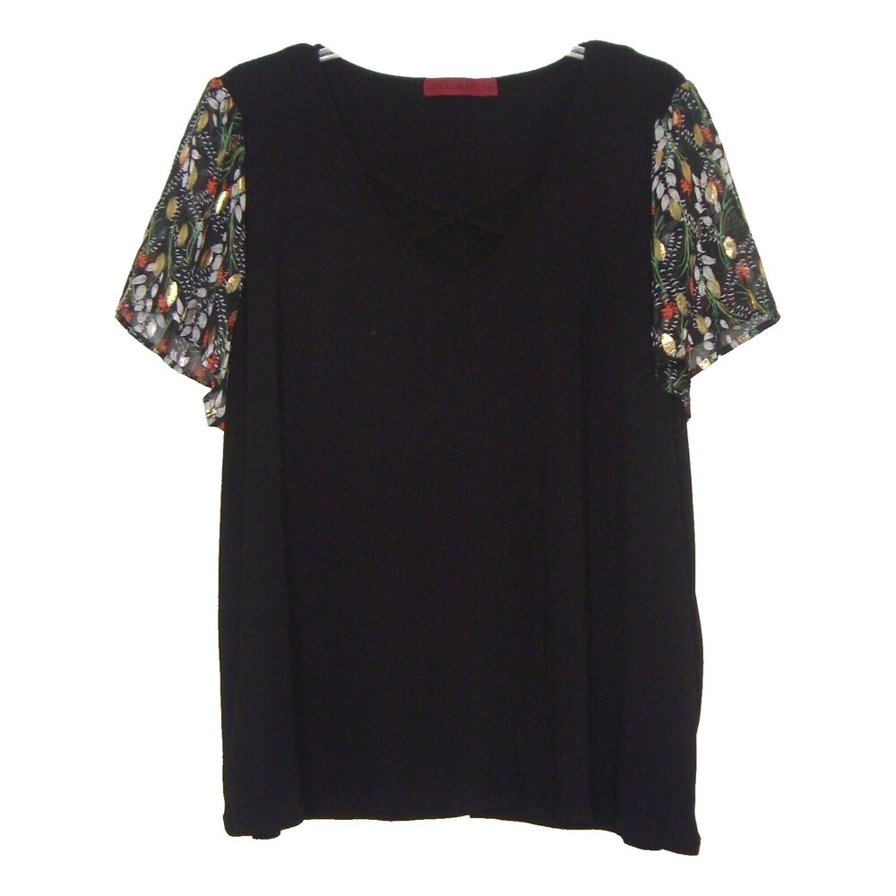 NEW LOVE SCARLET Black Criss Cross V-Neck Floral Sleeve Stretch Knit Top Size 3X